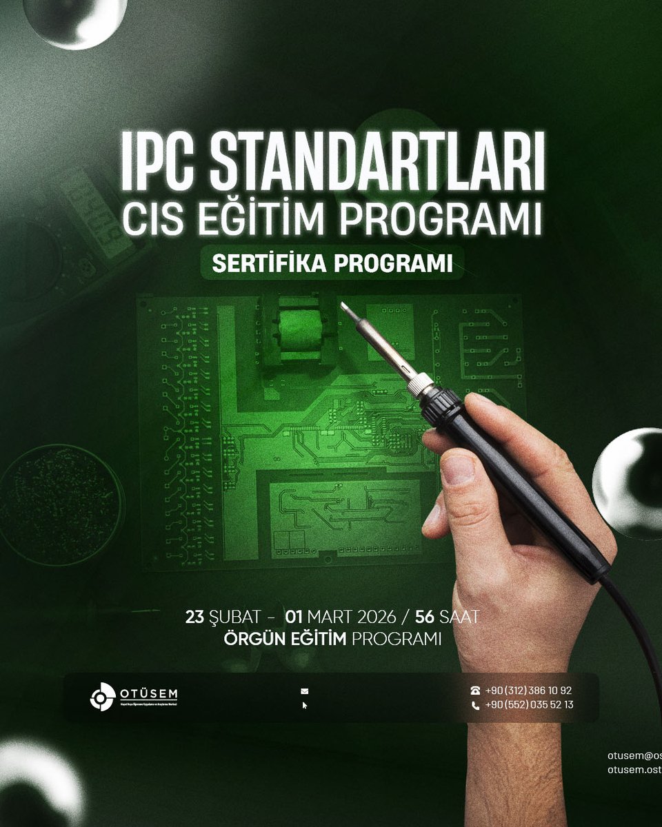 Eğitim Tarihi: 23 Şubat - 1 Mart 2026
Eğitim Süresi: 56 Saat (7 Gün)
Eğitim Zamanı: 09:00-17:00
Eğitim Yeri: OTÜSEM Derslikleri

Bilgi ve Kayıt
otusem.ostimteknik.edu.tr/course/list?q=…
0 552 035 52 13