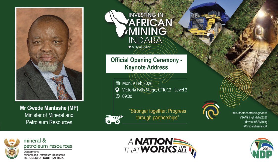 DMPR_ZA's tweet photo. We are few minutes away to the official opening ceremony 𝒐𝒇 the official 𝑰𝒏𝒗𝒆𝒔𝒕𝒊𝒏𝒈 𝒊𝒏 𝑨𝒇𝒓𝒊𝒄𝒂𝒏 𝑴𝒊𝒏𝒊𝒏𝒈 𝑰𝒏𝒅𝒂𝒃𝒂 2026

#StrongerTogether | #JMEF | #ArtisanalMining | #SAMiningIndaba2026 | #InvestInSAMining | #CriticalMineralsSA | #GovZaUpdates |  #GovZAUpdates |
@MiningIndaba
 | #MI26
