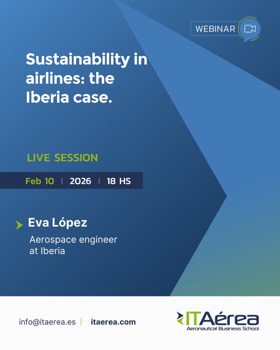 New Webinar 👉 Sustainability in airlines: the Iberia case.

📅 10/02/2026
🕧 18.00 CET
🎓 Eva López, Aerospace engineer at Iberia.
📥 Invitation in your inbox.

If you want more information about our programmes, please write to 📨 info@itaerea.com