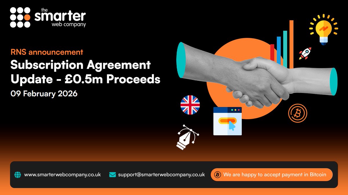 RNS Announcement: Subscription Agreement Update -  £0.5m Proceeds

The Smarter Web Company announces that 1,414,047 Ordinary Shares have been placed in accordance with the terms of the Subscription Agreement announced on 24 December 2025.

Please read the RNS on our website (link