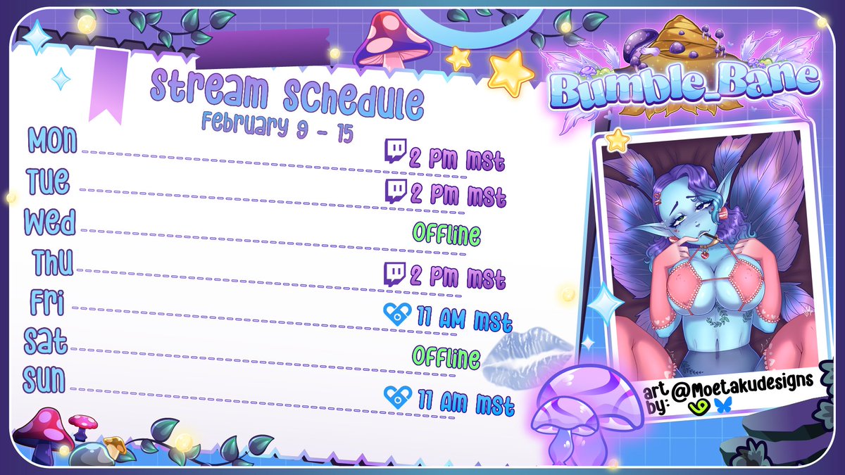 Schedule for the week~ 
Mental Monday, with Mousetuber wind-down. 
Tuesday and Thursday we are grinding more Tokyowire to hopefully completion. 
Friday and Sunday are spicy days on blue site. toys are on and cult is accepting members 😈
Come spend some time with me this week 😘🍄