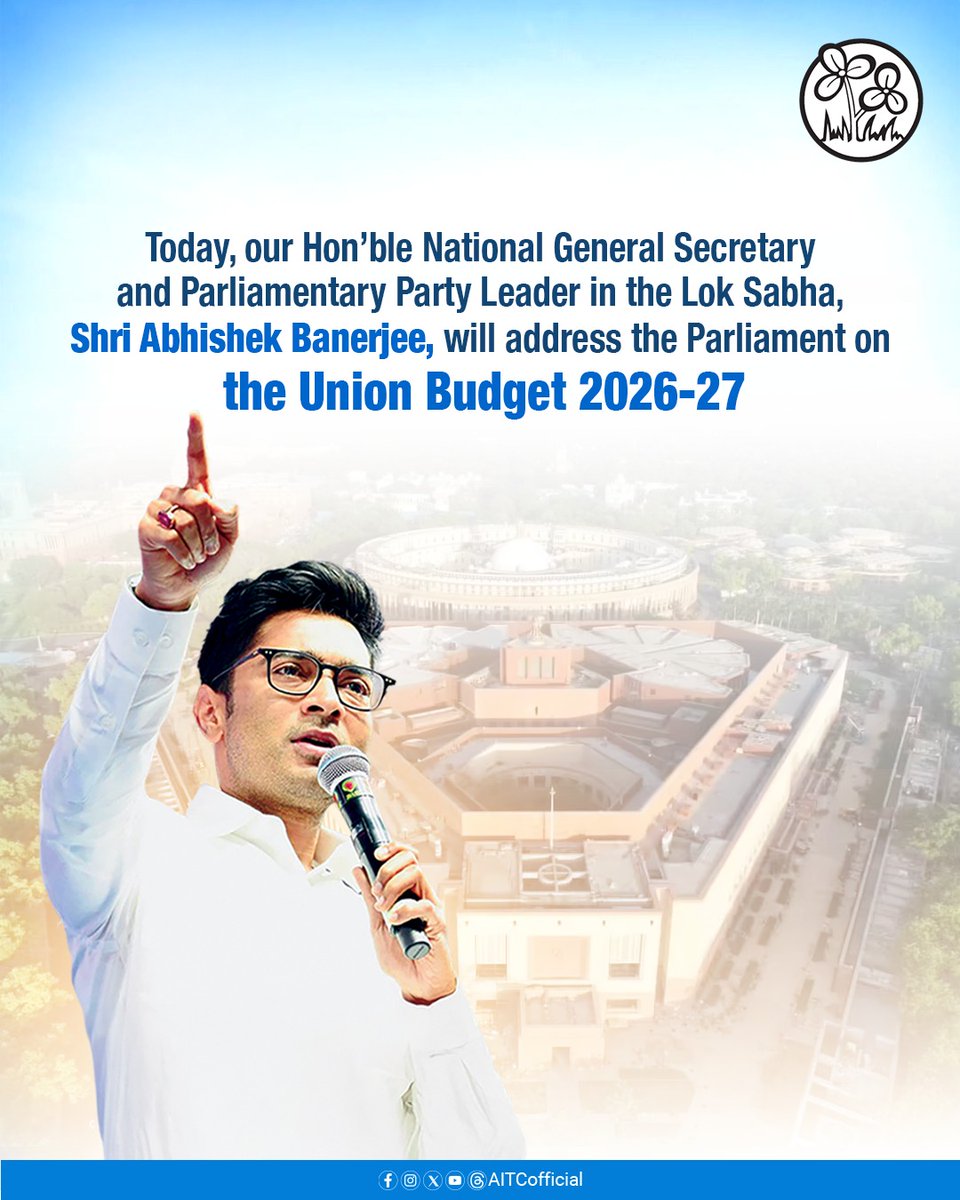 Today, our Hon’ble National General Secretary and Parliamentary Party Leader in the Lok Sabha, Shri <a href="/abhishekaitc/">Abhishek Banerjee</a>, is scheduled to address Parliament on the Union Budget 2026–27.