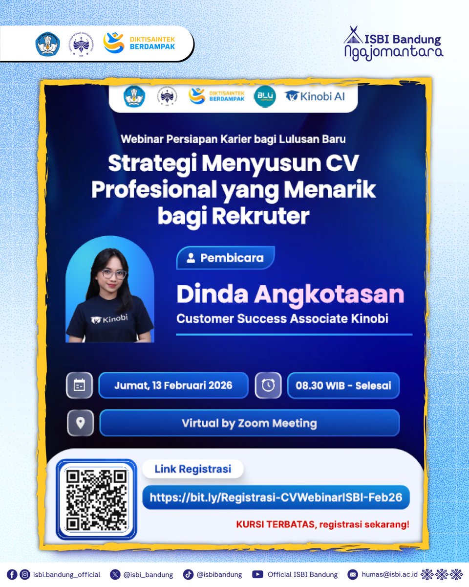 Yuk Ikut Webinar “Strategi Menyusun CV Profesional yang Menarik bagi Rekruter” 

isbi.ac.id/yuk-ikut-webin…

Salam Seni dan Budaya!

#ISBIBandung #Kinobi #Bubat212
#CentreofCreativity #DiktisaintekBerdampak