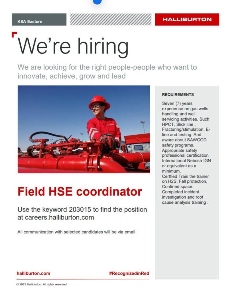 hiresmeai's tweet image. We Are Hiring Halliburton 
#HSE Specialist 

lnkd.in/d5v2ZJKV