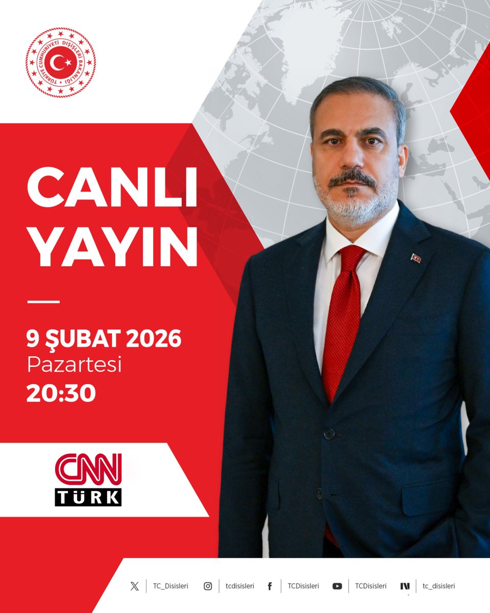 Bakanımız <a href="/HakanFidan/">Hakan Fidan</a>, bu akşam saat 20:30’da CNN Türk’te gündemi değerlendirecek.
