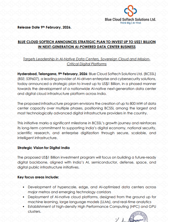 financialsarthi's tweet photo. BIG AI INFRA BET 🇮🇳

Blue Cloud Softech Solutions Ltd (BCSSL) announces plan to invest up to US$1 Billion (₹8,000+ Cr) in AI-powered data centers.

Capacity target: up to 800 MW over multiple phases.
#AI #datacenters  #IndiaTech #BCSSL
(Disc: This is not a buy sell reco , all are for learning purpose)