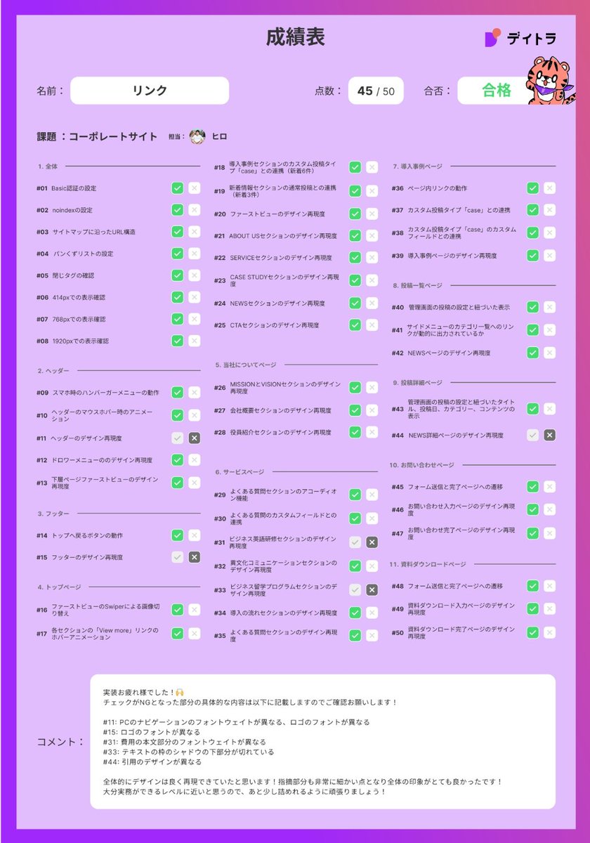 Image for the Tweet beginning: デイトラ上級編 無事に合格をいただきました！(2025年6月25日〜2026年2月9日)

​指摘箇所を修正した際に見落としが出てしまい、結果は45/50点。

​それでも「実務レベルに近い」との評価をいただけたのは自信になりました！
この悔しさをバネに、これからも頑張っていこうと思います！
​#デイトラ 