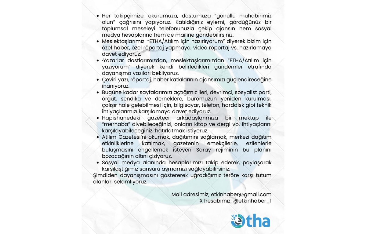 Bu zor ve zorlu zamanlar geçmek için dostlarımıza, ilerici, devrimci kamuoyuna çağrımız var⤵️