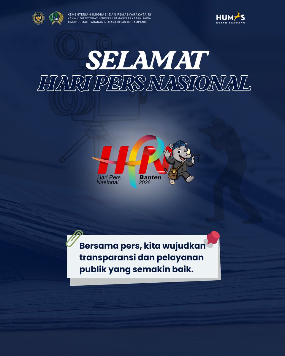 RutanSampang's tweet photo. Kami Segenap Keluarga Bersa Rumah Tahanan Negara Kelas IIB Sampang Mengucapkan Selamat Hari Pers Nasional.Semoga insan pers Indonesia senantiasa profesional, independen, dan berintegritas dalam menyampaikan informasi yang akurat serta mencerdaskan kehidupan bangsa. https://t.co/BrDmYW7Ckw