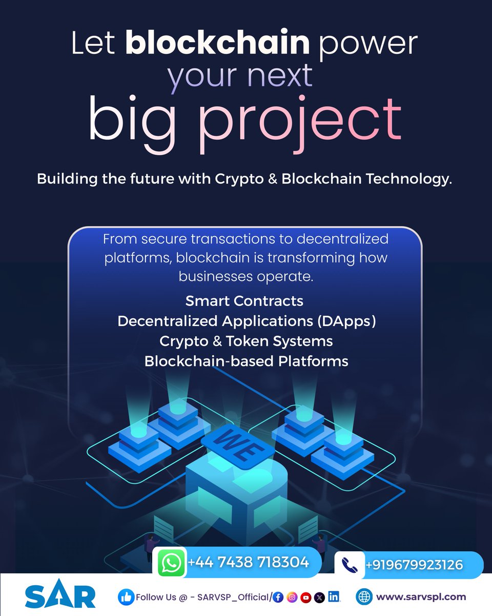 SAR835566565009's tweet photo. ⛓️ Building the future with Crypto &amp; Blockchain Technology.
From secure transactions to decentralized platforms, blockchain is transforming how businesses operate.

#BlockchainDevelopment #CryptoSoftware #Web3 #SARVenture #SmartContracts #Decentralized #FutureTech https://t.co/mp9UE977fW