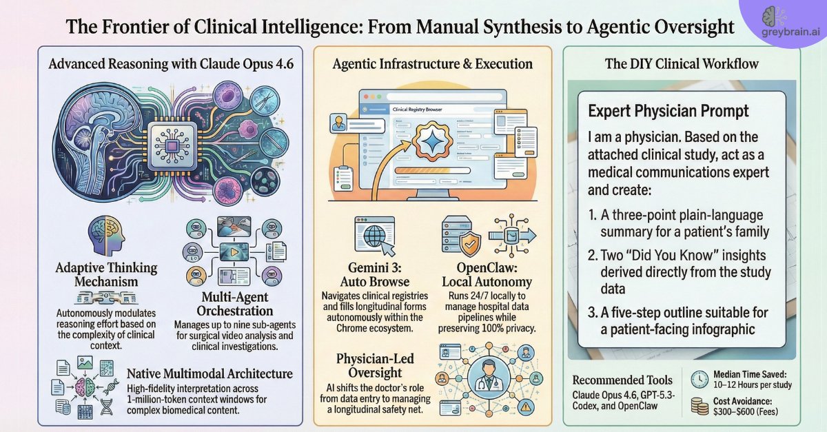 GreybrainAI's tweet image. Claude Opus 4.6: 1M-token multimodal reasoning + Adaptive Thinking for clinical analysis

🧠 Gemini 3 Auto Browse + OpenClaw self-hosted agents = privacy-first workflows

Physicians oversee autonomous safety nets. 🚀

Learn more: learn.greybrain.ai 

#ClinicalAI #GreyBrainAI