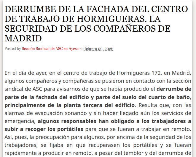 DERRUMBE DE LA FACHADA DEL CENTRO DE TRABAJO DE HORMIGUERAS. LA SEGURIDAD DE LOS COMPAÑEROS DE MADRID 
asc-ayesaat.blogspot.com/2026/02/derrum…

<a href="/AyesaNews/">Ayesa</a> #Ayesa #TIC #Ingenieria #Consultoría 

<a href="/ASC_Sevilla/">ASC Sevilla</a> <a href="/ASCsindicato/">Alternativa Sindical de Clase</a>