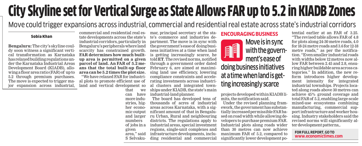 Maheshbr4U's tweet photo. ●In a Major development, #Residential/ #Commercial/#Techparks/#Office/#Industrial buildings, within #KIADB Industrial Area are set for Vertical expansion [Taller Buildings] with 60% enhancement on FAR ,i.e upto 5.2 👏 
●This fulfills assurance made by #Karnataka #Industry Minister @MBPatil during #GIM2025 !
● Apart from FAR , even setbacks have undergone suitable revisions.
● Areas which shall see Immediate utilization shall be #Bengaluru #Aerospacepark, Phase-1 & 2,  #ITIR Devanahalli, #KWINCITY.
● Old KIADB Areas like #Peenya, #Bommasandra, Whitefield,  Hosakote, Mysuru Hebbal, Bidadi etc can see many re-development projects. 
@CMofKarnataka @DKShivakumar