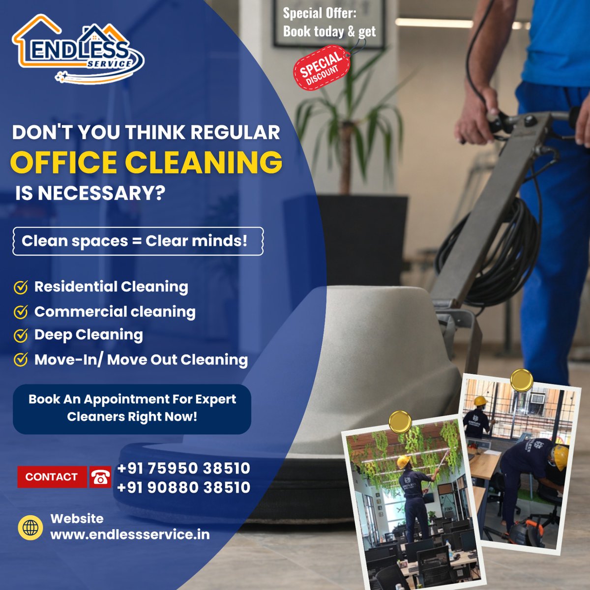 endless_service's tweet photo. Commercial/Office cleaning services.
A clean office isn't just a "nice-to-have"—it's a productivity powerhouse! 

Did you know a sanitized workspace reduces sick days and boosts employee morale? 
📞 7595038510
🌐 https://t.co/cTdHBDfYgR 

#commercialcleaning #OfficeCleaning https://t.co/klXq8jylk7