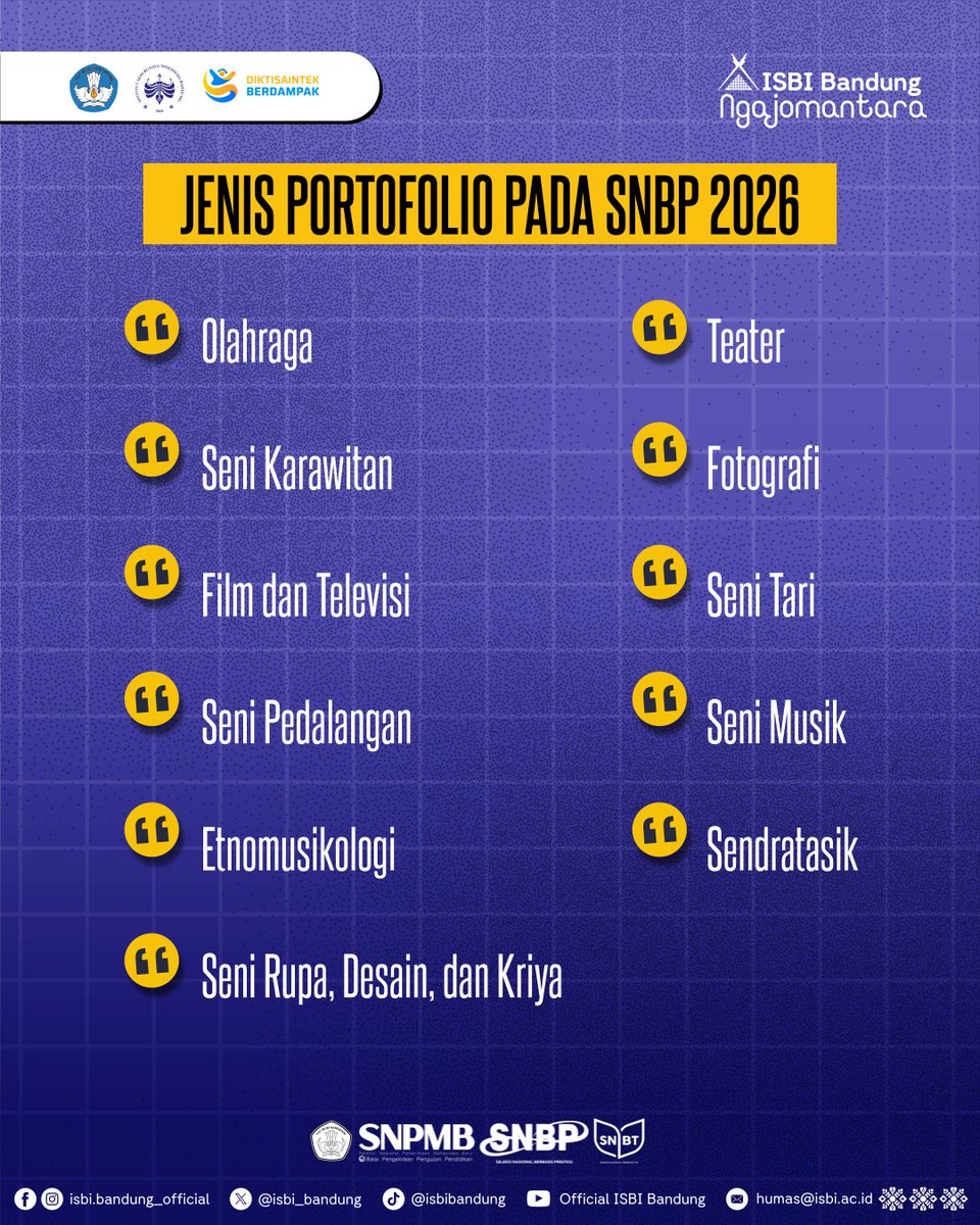 Pilihan Program Studi &amp; Portofolio SNBP 2026

isbi.ac.id/pilihan-progra…

Pemilihan program studi dan penyusunan portofolio merupakan tahapan penting dalam pendaftaran SNBP 2026.

Salam Seni dan Budaya!

#ISBIBandung #SNPMB2026 
#CentreofCreativity #DiktisaintekBerdampak