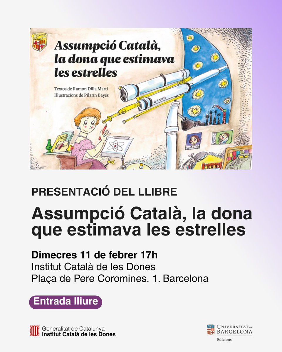 🔭 Aquesta setmana celebrem el Dia Internacional de les Dones i les Nenes en la Ciència amb la presentació del llibre sobre la primera professora astrònoma de l'Estat.

🔬 Vine a celebrar les dones científiques amb la Pilarin Bayés!

Entrada lliure

dones.gencat.cat/ca/detalls/Not…