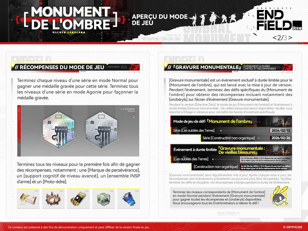 EndfieldFR's tweet photo. Détails du mode de jeu [Monument de l'ombre]

[Monument de l'ombre] est un mode de combat permanent, à la difficulté élevée, qui propose des mises à jour de contenu périodiques.

Guerres, héros, carnage et souvenirs... Ces histoires sont transmises grâce à d'innombrables instantanés obscurs et ne prennent jamais fin, même si le monument devait un jour être entièrement recouvert de noms. Contemplez les cicatrices et les légendes ininterrompues de ces terres.

#ArknightsEndfield #Endfield #ZerothDirective