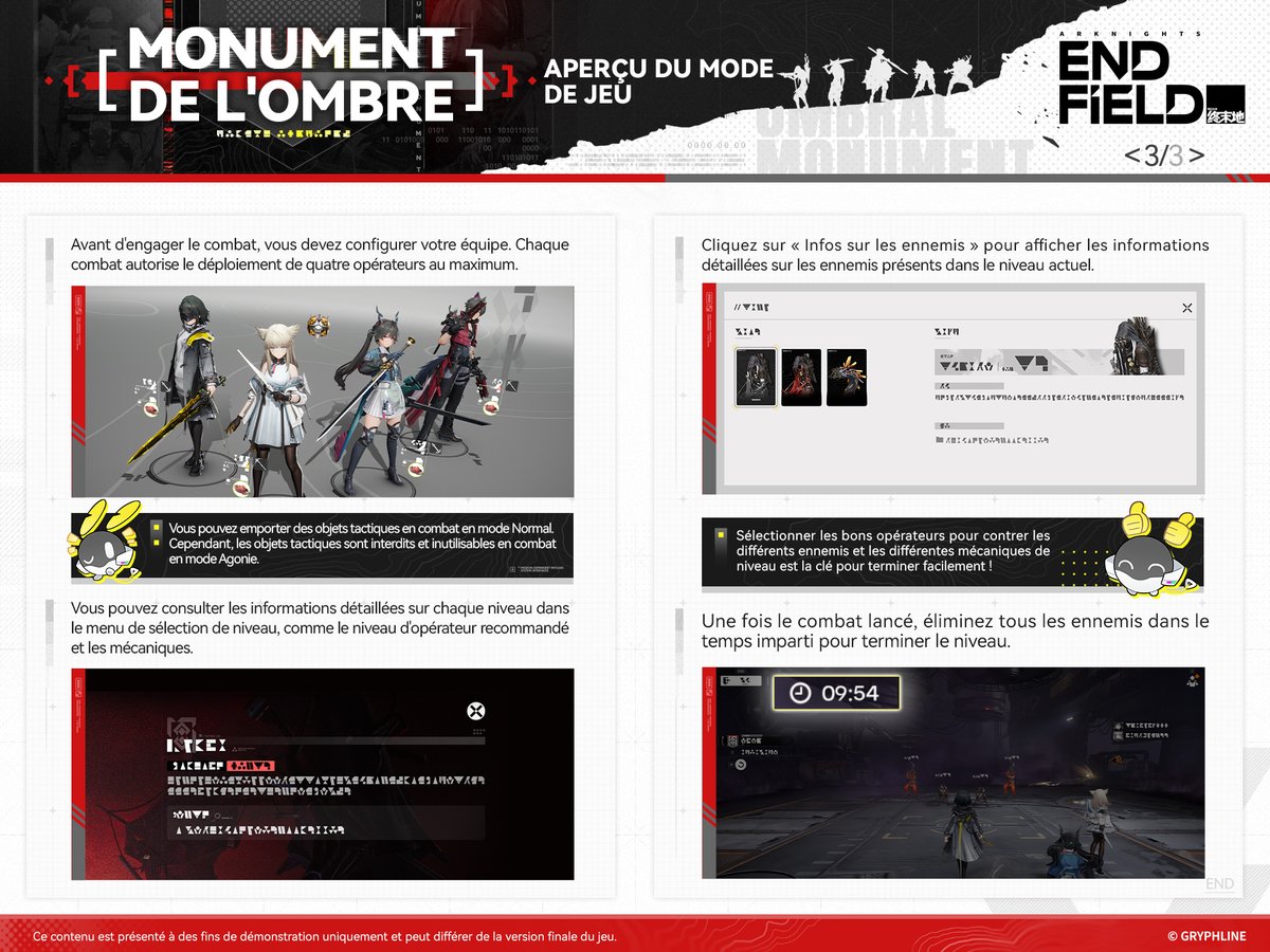 EndfieldFR's tweet photo. Détails du mode de jeu [Monument de l'ombre]

[Monument de l'ombre] est un mode de combat permanent, à la difficulté élevée, qui propose des mises à jour de contenu périodiques.

Guerres, héros, carnage et souvenirs... Ces histoires sont transmises grâce à d'innombrables instantanés obscurs et ne prennent jamais fin, même si le monument devait un jour être entièrement recouvert de noms. Contemplez les cicatrices et les légendes ininterrompues de ces terres.

#ArknightsEndfield #Endfield #ZerothDirective