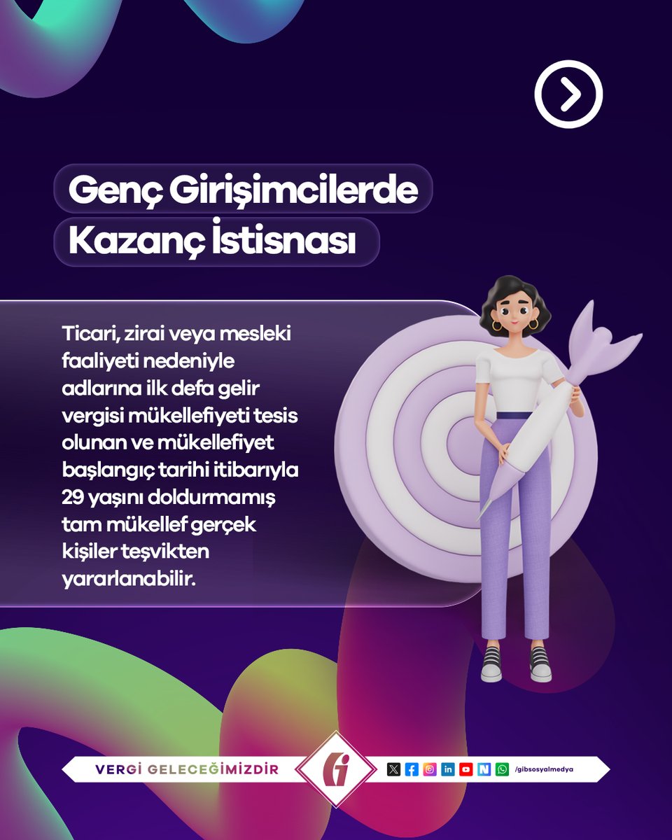 gibsosyalmedya's tweet photo. 🚀 Genç girişimcilere vergi avantajı!

Yeni iş kuran gençler için önemli bir destek var!

193 sayılı Gelir Vergisi Kanunu kapsamında, faaliyete başladıkları takvim yılından itibaren 3 vergilendirme dönemi boyunca elde edilen kazançların belirli bir kısmı vergi dışı bırakılıyor.

#GİB #VergiGeleceğimizdir