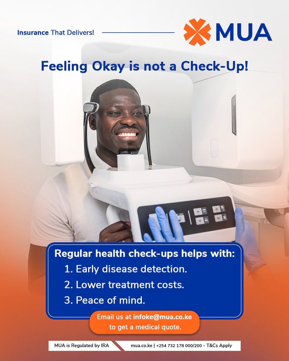 MUA_Kenya's tweet image. Feeling okay isn’t the same as being okay.
Regular health check-ups help detect issues early, reduce treatment costs, and give you peace of mind. Stay covered with MUA Medical Insurance.
#MUAInsurance #InsuranceKe #MUAcares #HealthInsurance