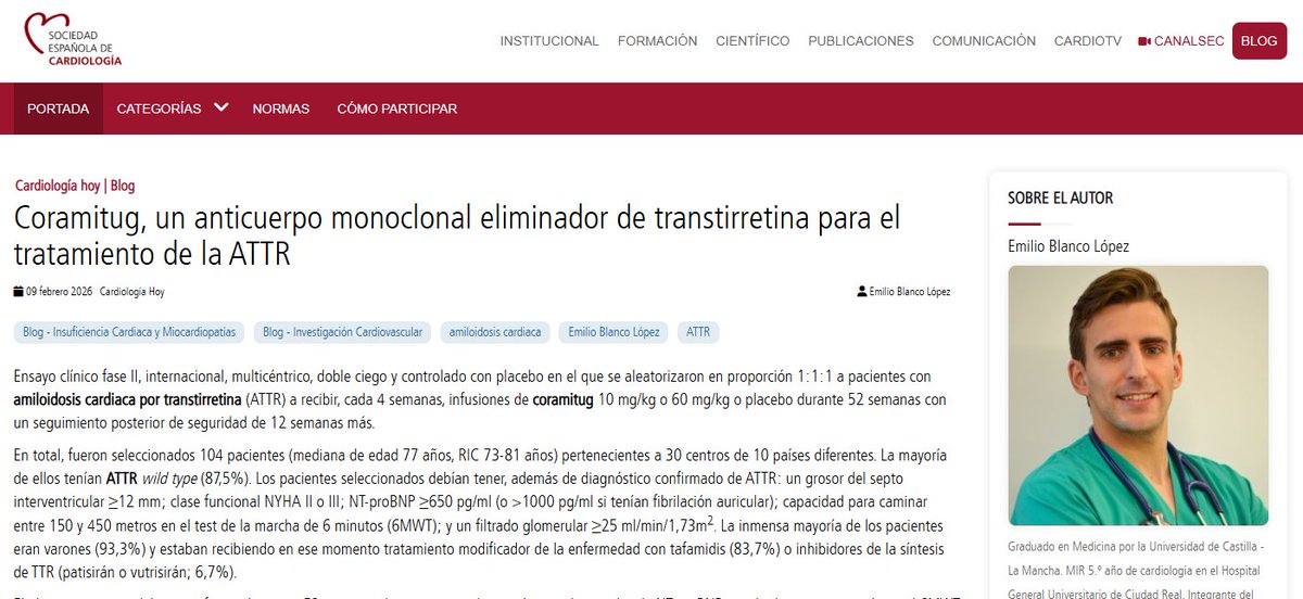 .<a href="/emilioblanco96/">Emilio Blanco López</a>: "Coramitug, a dosis de 60 mg/kg semanal, además de ser bien tolerado, demostró una mejoría significativa en un biomarcador validado de progresión de enfermedad (como es el NT-proBNP) en pacientes con ATTR". #BlogSEC @jovenesSEC ow.ly/Tw3o50YbpZ3