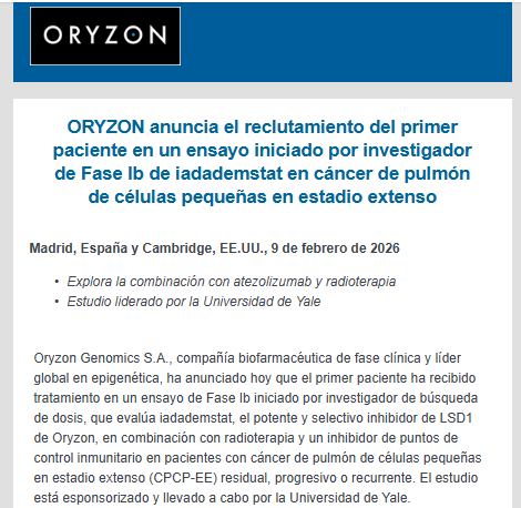 JCPF_Carlos's tweet photo. #ORYZONGENOMICS #ORYZON #ORY 3,12€

📌✅ORYZON anuncia el reclutamiento del primer paciente en un ensayo iniciado por investigador de Fase Ib de iadademstat en cáncer de pulmón de células pequeñas en estadio extenso.