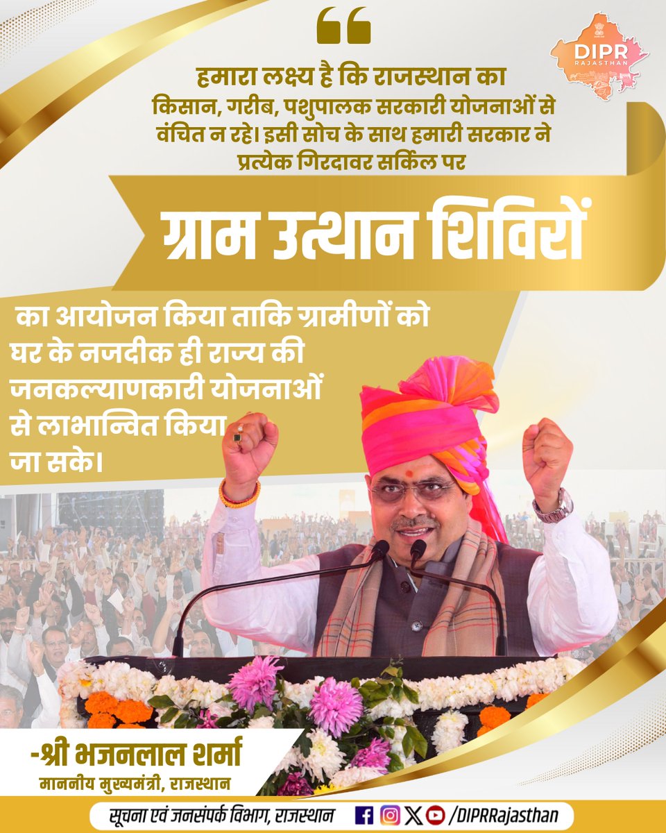 हमारा लक्ष्य है कि राजस्थान का किसान, गरीब, पशुपालक सरकारी योजनाओं से वंचित न रहे

इसी सोच के साथ हमारी सरकार ने प्रत्येक गिरदावर सर्किल पर ग्राम उत्थान शिविरों का आयोजन किया ताकि ग्रामीणों को घर के नजदीक ही राज्य की जनकल्याणकारी योजनाओं से लाभान्वित किया जा सके

<a href="/BhajanlalBjp/">Bhajanlal Sharma</a>