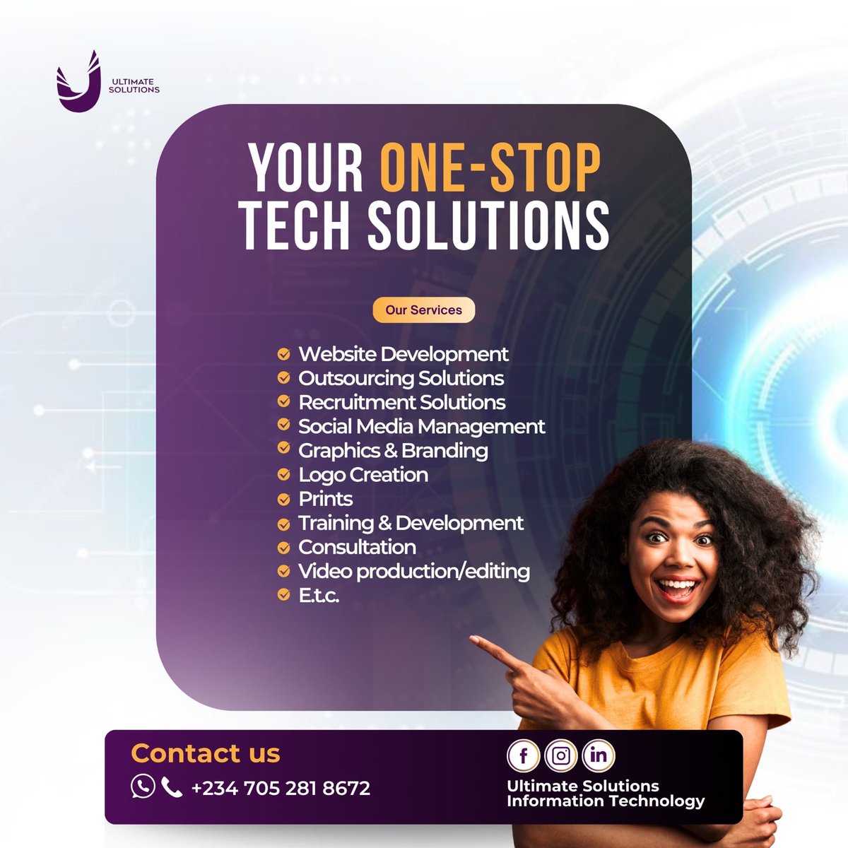 ultimates_ng's tweet photo. Tech doesn’t have to be complicated. 😎
We design. We build. We manage. 👌
We’ve simply got everything your business needs to scale. 📈
Contact Ultimate Solutions today to get started:
📲 +234 705 281 8672
✉️ ultimatesolutionsintl@gmail.com
#UltimateSolutions #TechSupport https://t.co/J3RMpqfjYZ