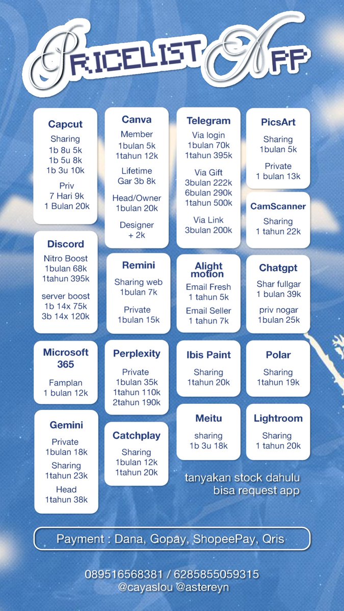 Halowww- aku open order buat aplikasi premium yaww testinya udah ada 100++, yang pastinya trusted! Cuss langsung order di wa! wa.me//6289516568381

Netflix, Prime, Vidio, Canva, Capcut, Youtube, AM, Wetv, Iqiyi, Bstation, Youku, Wink #zonauang #zonajajan #zonaBA #apkpremium