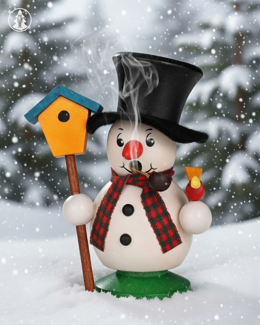 Den schwarzen Zylinder schräg auf dem Kopf, den karierten Schal um den Hals, hat der kleine Schneemann das Vogelhäuschen fest in der Hand. Das kleine Vögelchen kann es kaum abwarten, sein neues Domizil zu beziehen. #schneemann #räuchermann #erzgebirge
drehwerk.de/rm-schneebub-m…