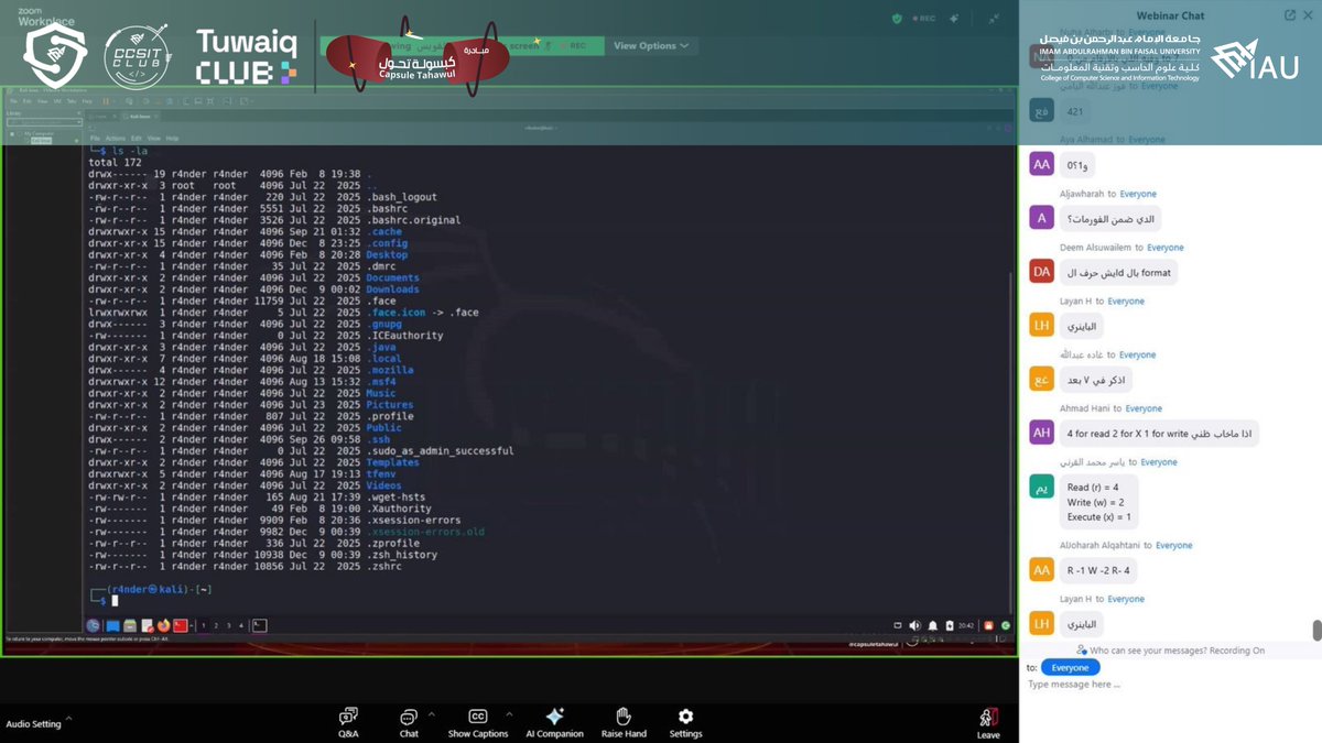 مقتطفات من اليوم الأول لمعسكر CyberKickStart ⛺️
بعنوان Linux fundamentals

محتوى تقني مثرٍ وتفاعل مميز يضيف لرحلتنا المعرفية الكثير 🚩✨

<a href="/TuwaiqClubs/">Tuwaiq Club | نادي طويق</a>
#CSC_IAU #IAU_CCSIT #CCSIT_CLUBS
#جامعة_الإمام_عبدالرحمن_بن_فيصل