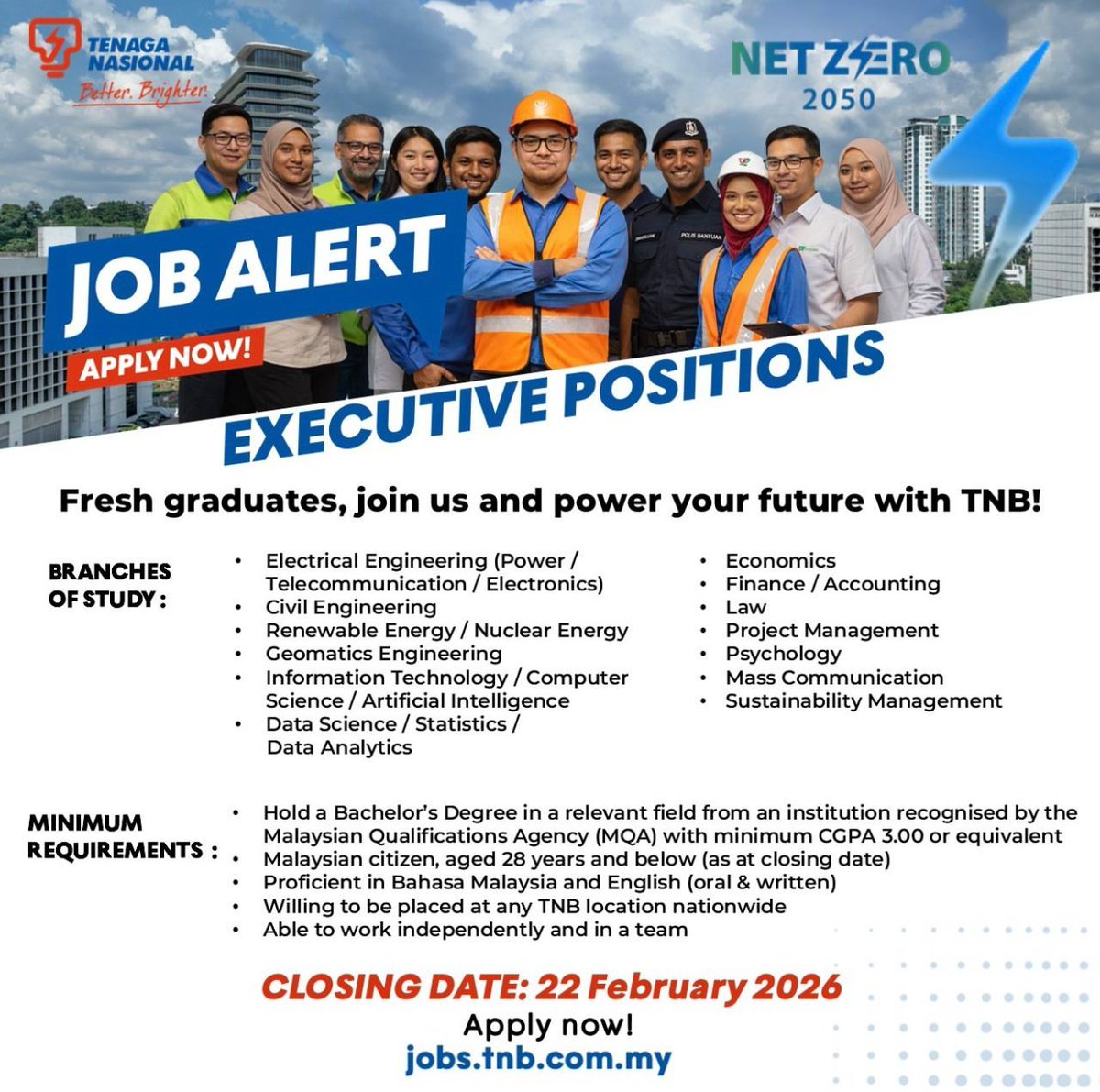 reviewbyyasmin's tweet photo. TNB is hiring for Executive positions! Join TNB, power up your career from day one, and make a real impact shaping Malaysia’s energy future. Apply by 22 Feb 2026.

📍https://t.co/PkaVzpzYYg https://t.co/I68FV3bMCi