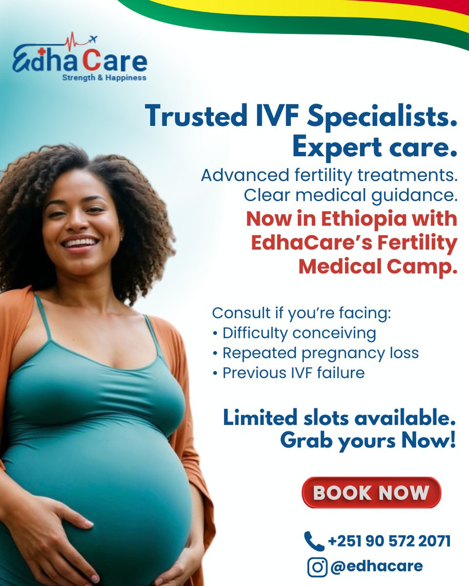 edhacare's tweet photo. Trusted IVF specialists are now in Ethiopia with EdhaCare’s Fertility Medical Camp.
Expert guidance, advanced fertility care, and limited consultation slots available.

#IVFEthiopia #EdhaCare #FertilityCare #IVFSupport #Healthcare https://t.co/NZuAn6K3os