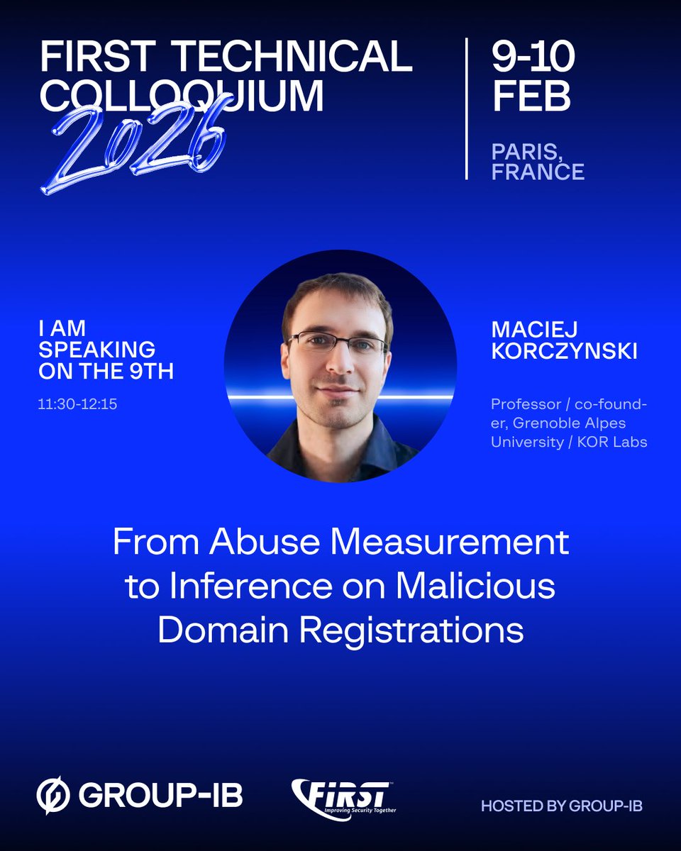🇫🇷 Are you attending the FIRST Technical Colloquium in Paris this week? We’re giving a talk this morning on DNS abuse measurements and inference of malicious domain registrations, presented by Maciej Korczyński.
If you’re attending, we’d love to see you there.
#FIRSTPARIS2026
