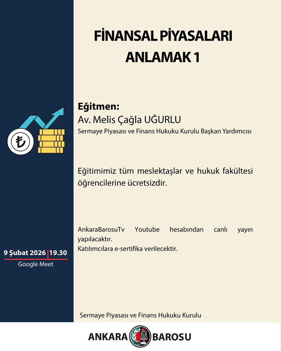 AvBurakMercan's tweet photo. Ankara Barosu Sermaye Piyasası ve Finans Hukuku Kurulu(@ankarabarccmfl) olarak Finansal Piyasaları temelden ele alıyoruz.

Bu akşam @AvMelisCaglaU tarafından gerçekleştirilecek etkinliğimiz herkese açıktır.

Katılım Linki: https://t.co/iEEqSnSpdC https://t.co/JXoXUrcBD3