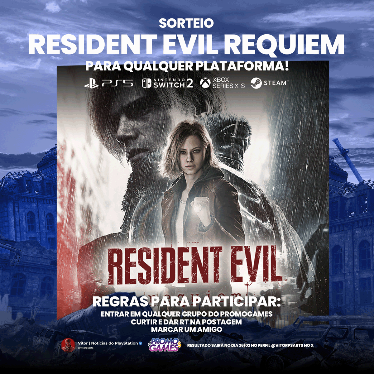 SORTEIO DE RESIDENT EVIL REQUIEM PARA QUALQUER PLATAFORMA! 👀

- Entrar em qualquer grupo do PromoGames em linktr.ee/vitorpsarts
- Dar RT no post
- Marcar um amigo(a)

Resultado sairá em 26/02 neste post, boa sorte.