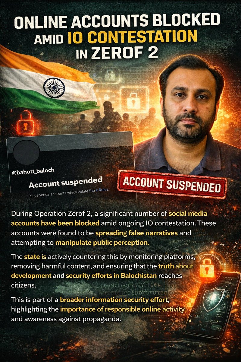 ZaraBugti's tweet image. During Operation Zerof-2, several disinformation accounts were blocked while authorities promoted verified facts and responsible online conduct regarding development and security in Balochistan.
#InformationSecurity #CounterDisinformation #ResponsibleMedia