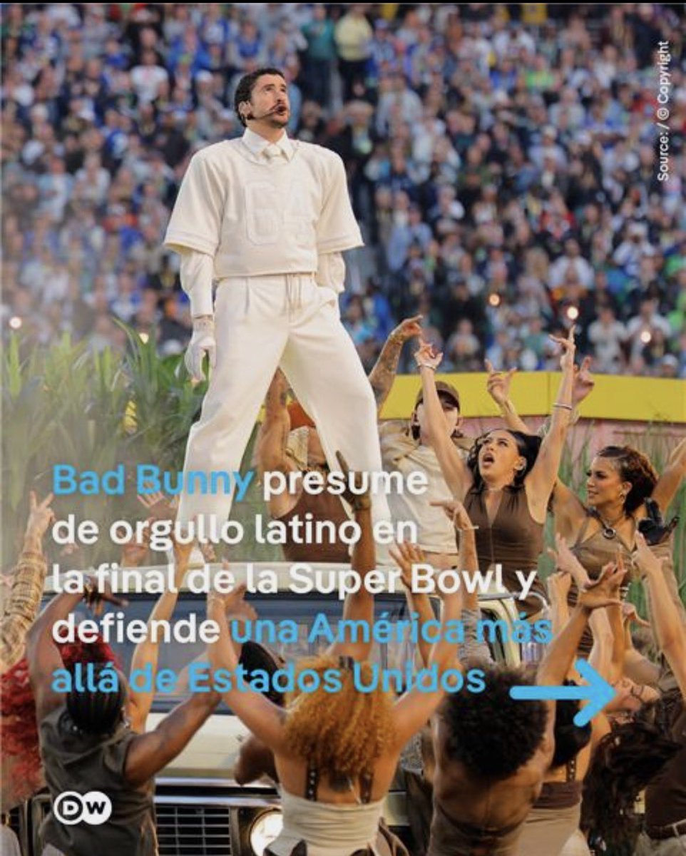 dw_espanol's tweet image. Bad Bunny presume de orgullo latino en la final de la Super Bowl y defiende una América va más allá de Estados Unidos 

El artista de Puerto Rico realizó una brillante actuación junto a cantantes del calibre de Ricky Martin o Lady Gaga. Otros famosos como Karol G., Jessica Alba o…