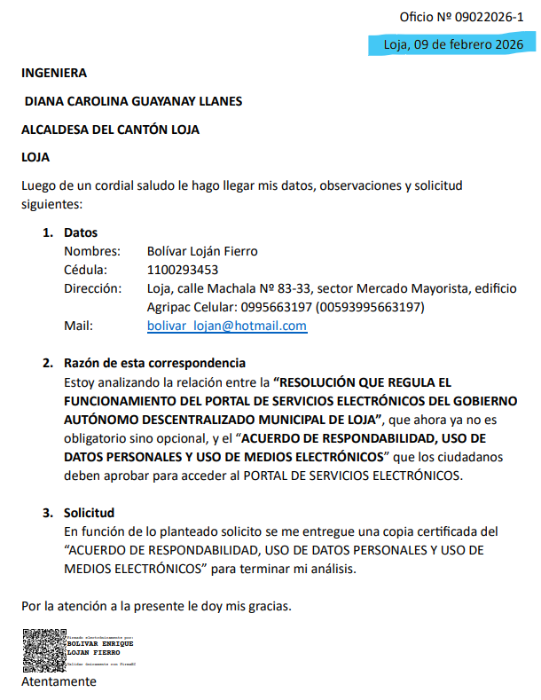 Desde Loja

En el departamento Gestión Documental del <a href="/MunicipioDeLoja/">Municipio de Loja</a> que queda en la planta baja del edificio municipal entrega un acuerdo que debe firmar, el ciudadano, para consultar por internet el estado de  sus trámites de acuerdo a una resolución presentada por el
