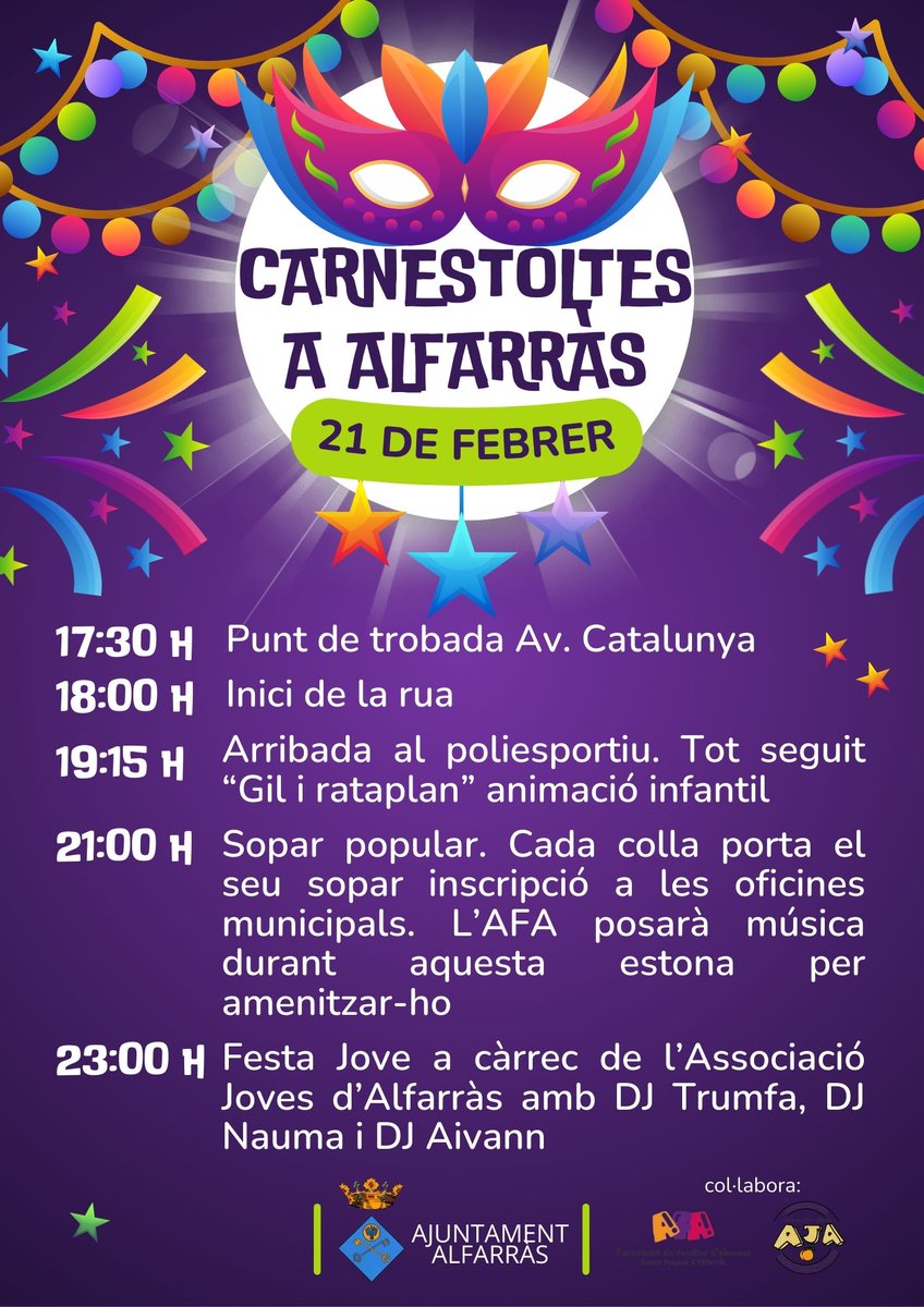 alfarras_d's tweet photo. Ja ho tenim tot a punt per gaudir d’una jornada plena de festa, música i diversió als carrers del municipi. 
Recordeu que fins a la setmana abans encara us podeu inscriure com a carrossa o comparsa. 
Animeu-vos a participar i a omplir Alfarràs de color i alegria!
Us hi esperem🥳 https://t.co/J9buH3MHJv