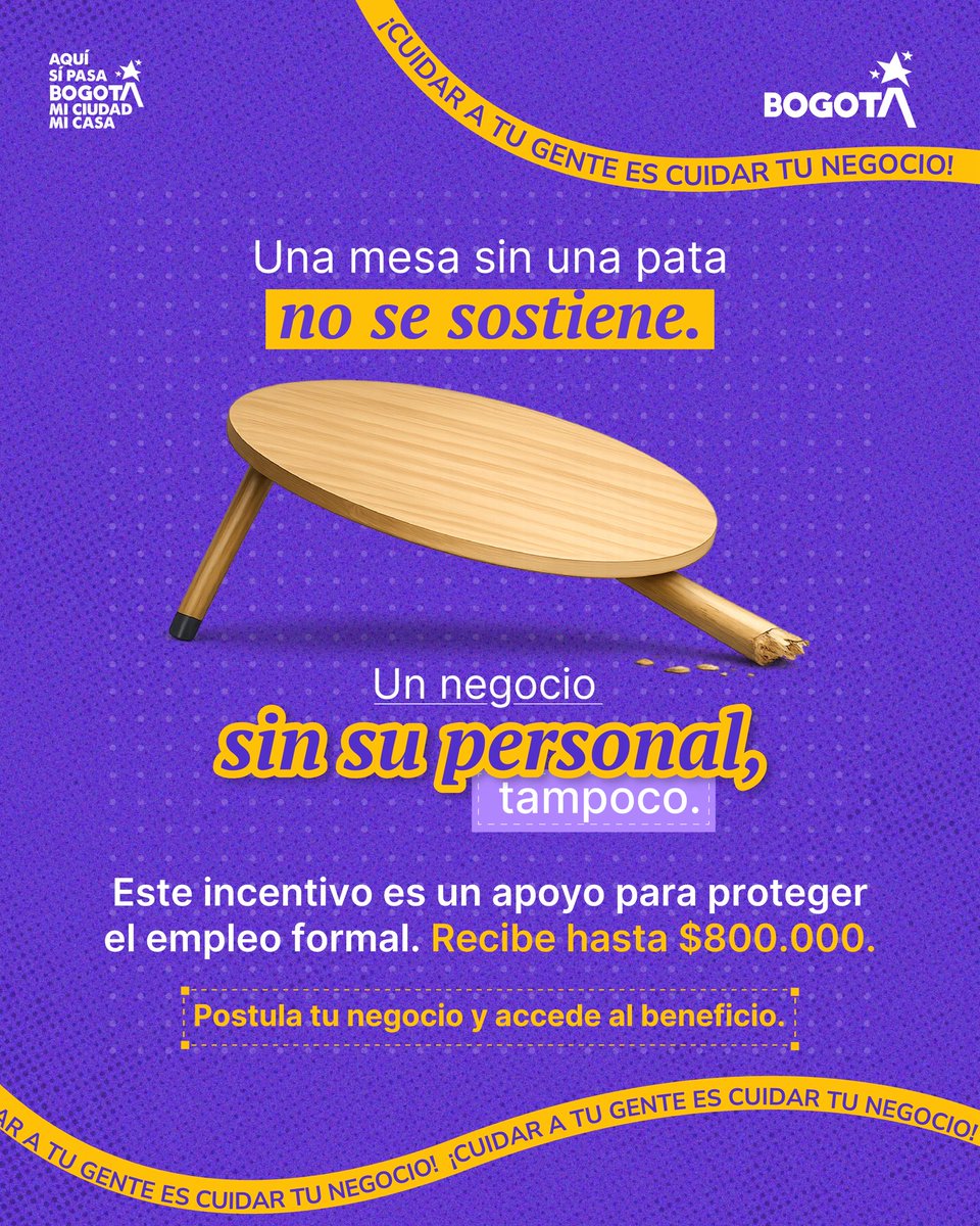 Hasta $800.000 por trabajadora y $700.000 por trabajador

¿Sostener el empleo se te volvió la decisión más difícil del mes?

#AquíSíPasa Con el Salvavidas al Empleo puedes recibir apoyo para aliviar costos y seguir sosteniendo tu equipo.

🔗 Aplica aquí: bogota.gov.co/2026/salvavidas