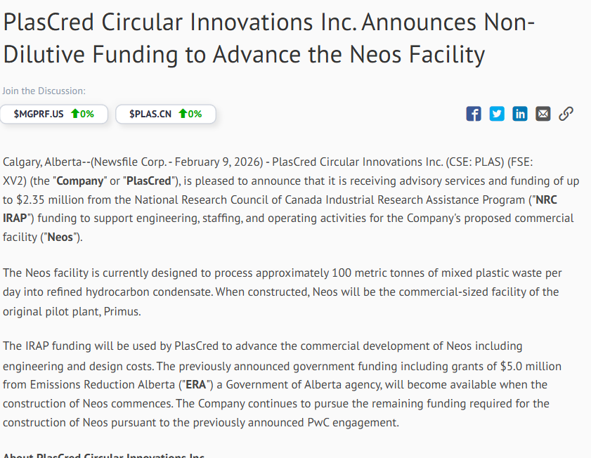 My new small spec position $plas.cn is getting more non-dilutive funding. $2,35 million from the National Research Council of Canada Industrial Research Assistance Program.
They need $25 million for the commercial NEOS facility. 2,35m+other grant of $5m+$8.5m debt=$15,85 million