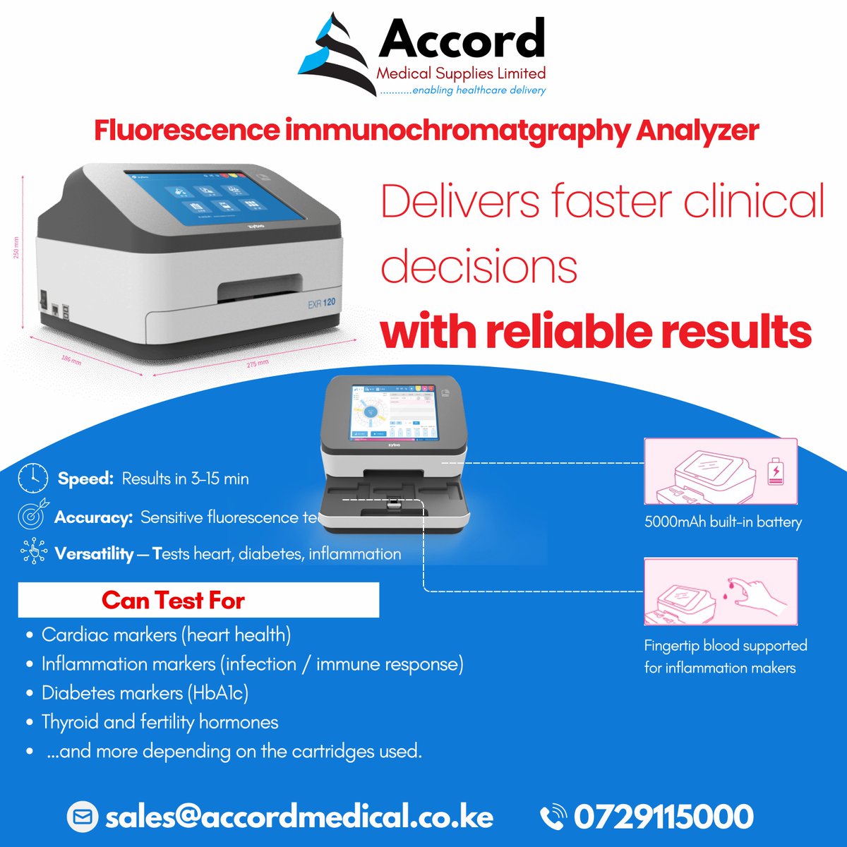Improve patient turnaround time with fast, accurate point of care testing.
Reliable diagnostics designed for modern healthcare facilities using the EXR 110.
For any inquiries call +254729115000
#Accord #accordmedicalsupplies #accordmedicalsuppliers #laboranddelivery
