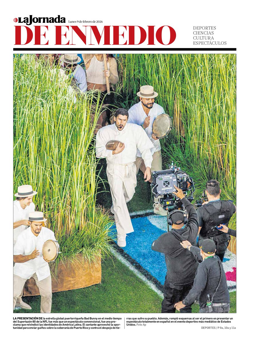 🎤 Hoy en La Jornada de enmedio:

La presentación de la estrella global puertorriqueña Bad Bunny en el medio tiempo del Supertazón 60 de la NFL fue más que un espectáculo convencional, fue una proclama que reivindicó las identidades de América Latina. El cantante aprovechó la