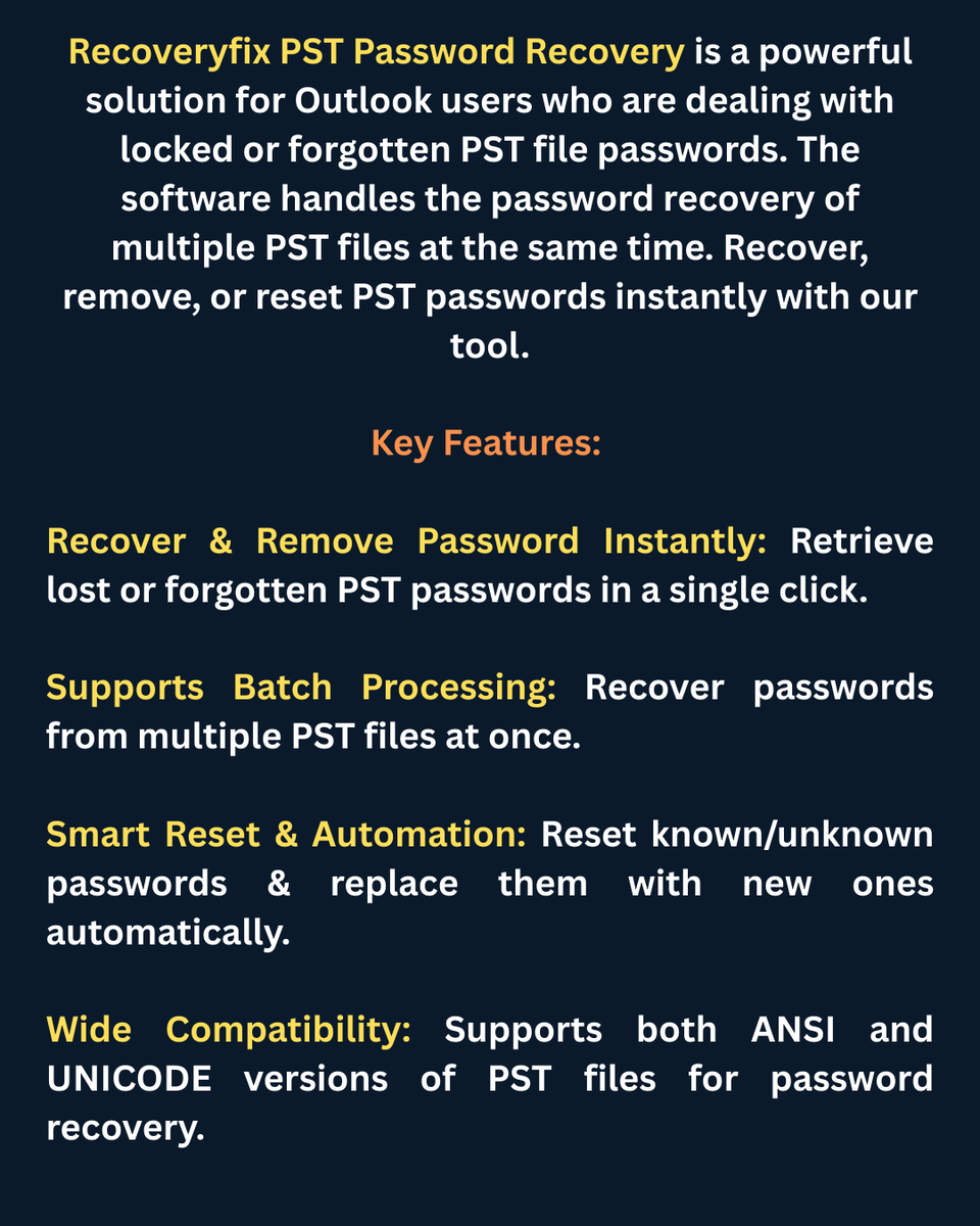 RecoveryFixTool's tweet photo. 𝐅𝐨𝐫𝐠𝐨𝐭 𝐲𝐨𝐮𝐫 𝐎𝐮𝐭𝐥𝐨𝐨𝐤 𝐏𝐒𝐓 𝐩𝐚𝐬𝐬𝐰𝐨𝐫𝐝? 🔑❌ 𝐃𝐨𝐧'𝐭 𝐩𝐚𝐧𝐢𝐜!

Recoveryfix PST Password Recovery lets you:

🔓 Recover/Remove passwords in 1 click

📂 Batch process multiple files at once

⚙️ Reset &amp; set new passwords automatically

#TechTipsTuesday https://t.co/sM4obHqFJl