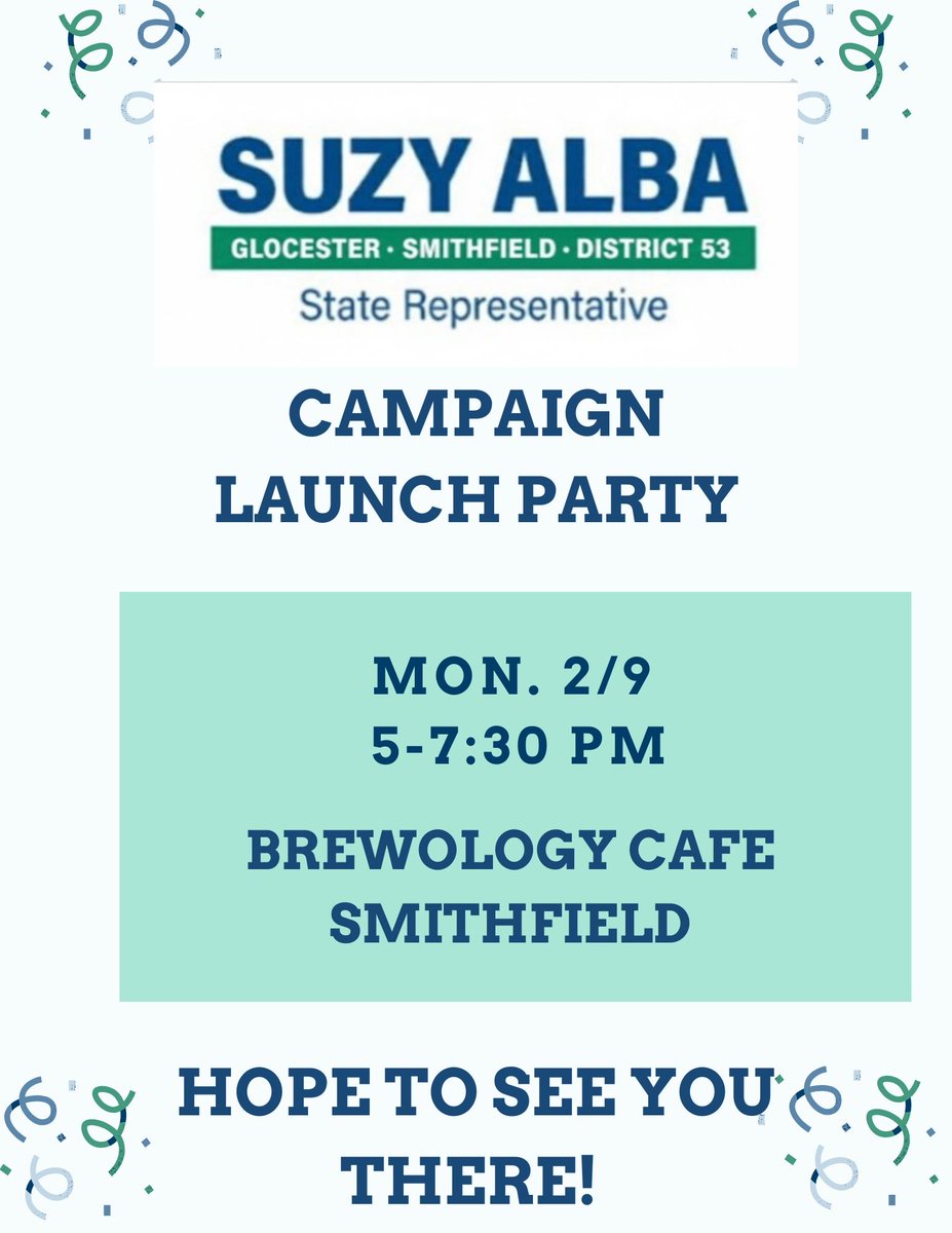 Looking forward to seeing friends, neighbors and supporters later today! I appreciate your support as I launch my campaign for RI State Representative! 

Can’t make it? Consider making a donation and follow my campaign at SuzyAlba.com