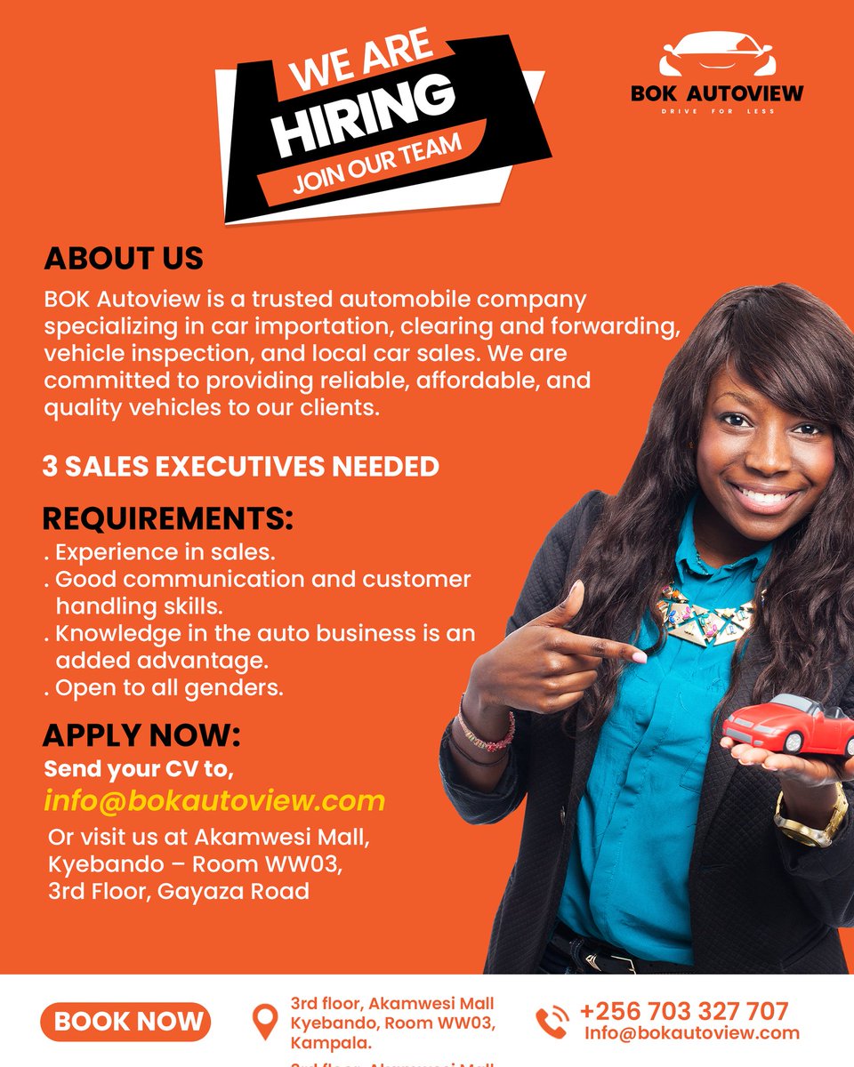bokautoview's tweet photo. We are hiring 3 Sales Executives.
Sales experience required. Auto business knowledge is an added advantage.
Open to all genders.
Apply: info@bokautoview.com
#Hiring #JobsUG #BOKAutoview #SalesJobs #KampalaJobs https://t.co/5ruJ9UMvt4