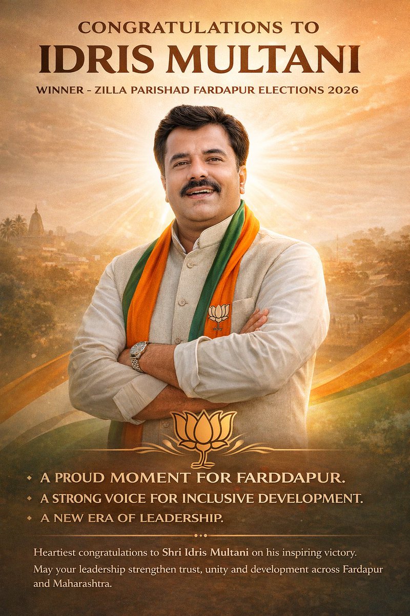 ज़िला परिषद फर्दापुर चुनाव में ऐतिहासिक विजय पर श्री इदरीस मुल्तानी जी को हार्दिक बधाई।
यह जीत जनता के विश्वास, समावेशी विकास और सशक्त नेतृत्व का प्रतीक है।
फर्दापुर के उज्ज्वल भविष्य के लिए शुभकामनाएँ।

#IdrisMultani #HistoricVictory #Fardapur  #BJPMaharashtra #BJPMinorityMorcha