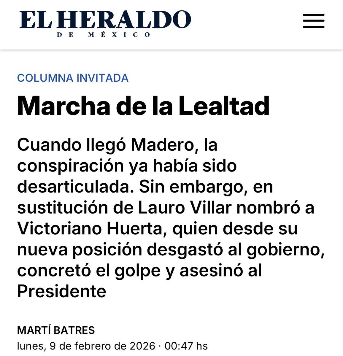 No obstante el terrible desenlace de la llamada Decena Trágica, en la memoria de México quedó grabada de forma indeleble la lealtad del Heroico Colegio Militar hacia el Presidente elegido democráticamente por el pueblo.

heraldodemexico.com.mx/opinion/2026/2…