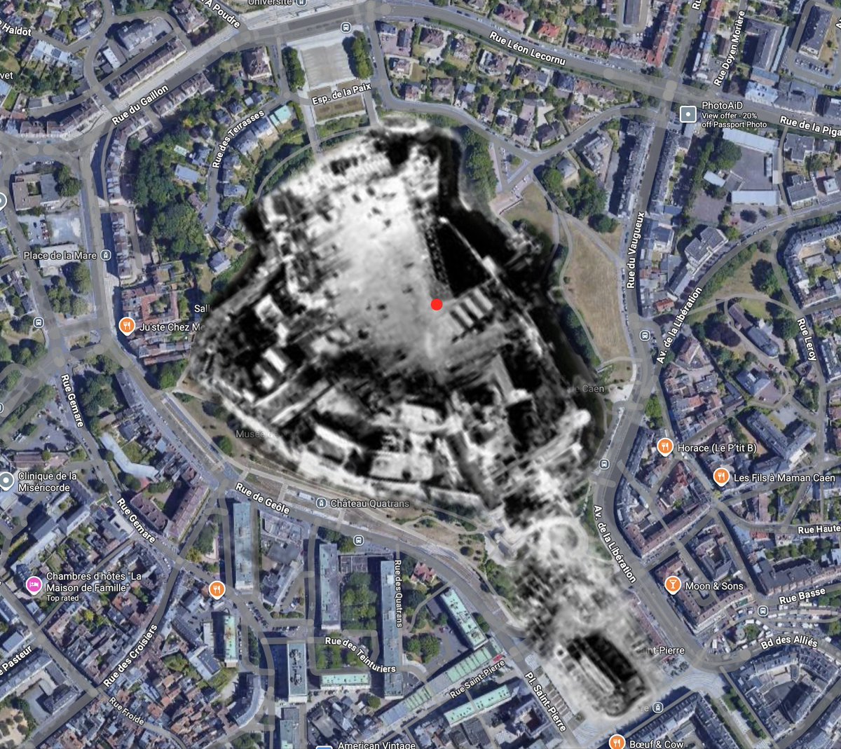 t2im's tweet photo. @BattlefieldBen @BennyOV Exciting! Attached is a rough overlay. Interesting that the donjon seems buried(?) certainty not visible. @BennyOV suggestion what looks like a barracks building is now in the car park. Many many building gone now https://t.co/lPA7BNXKdJ